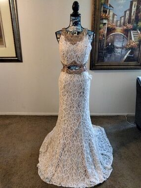 Ivory Lace Mermaid Gown with Beaded Waist